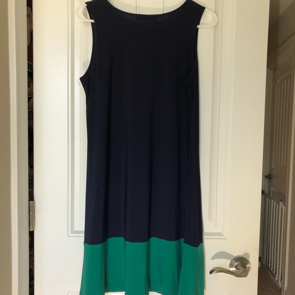 Navy Blue and Green Sleeveless Midi Dress